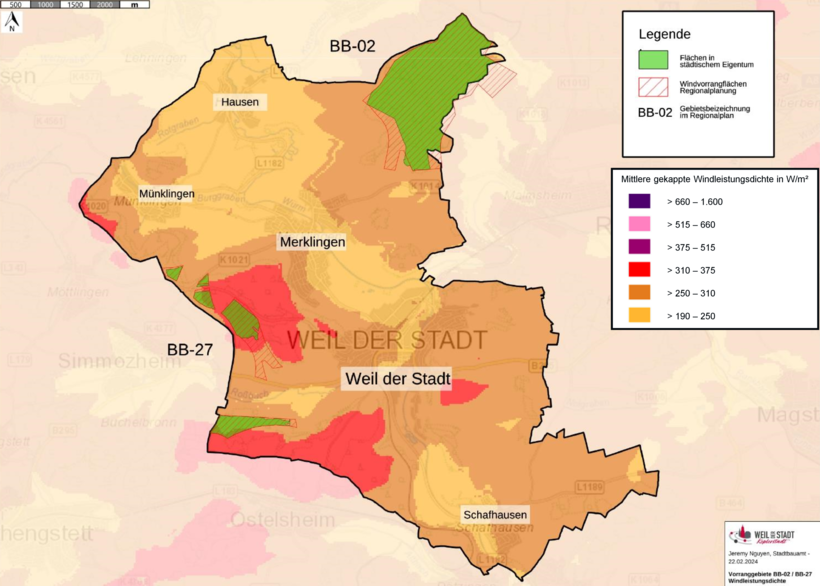 Karte von Weil der Städter Gemarkung mit den Windvorranggebieten BB-02 und BB-27 sowie der Windleistungsdichte.