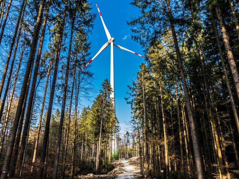 Eine Windenergieanlage im Wald.