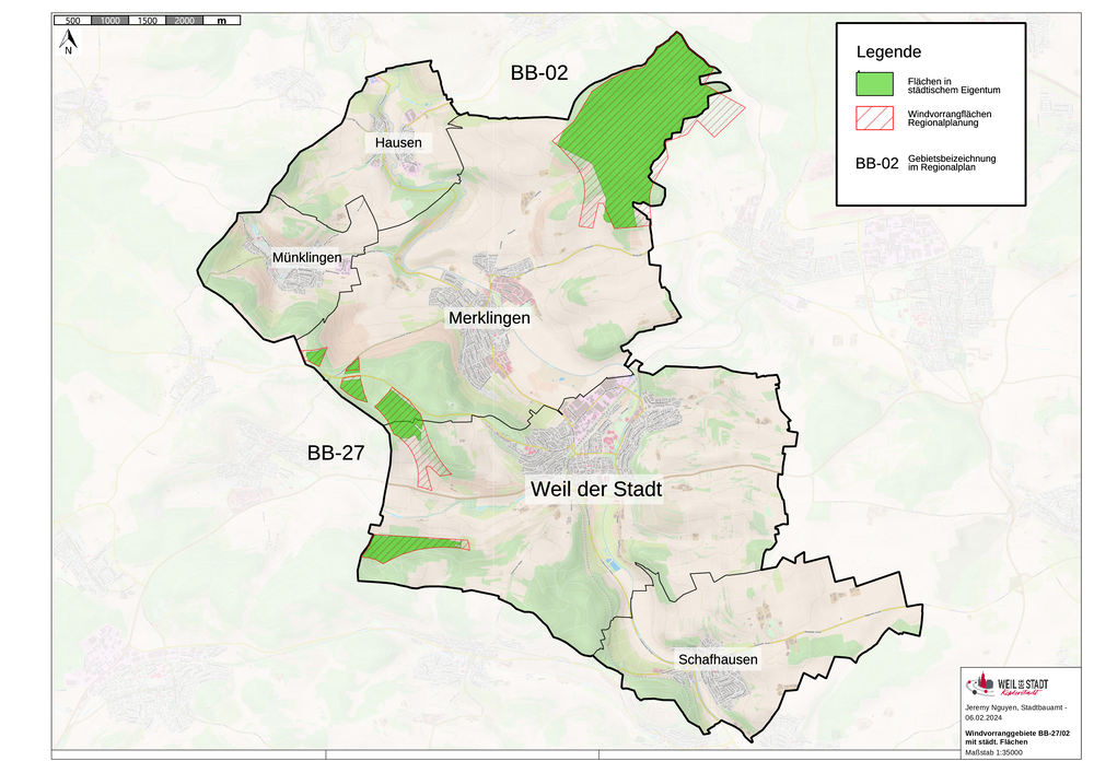 Karte von Weil der Stadt, in der die Teilorte, die Windvorranggebiete BB-02 und BB-27 sowie die städtischen Flächen eingezeichnet sind.