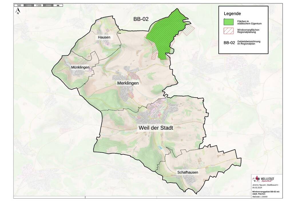 Karte von der Weil der Städter Gemarkung mit dem Windvorranggebiet BB-02 und den städtischen Flächen.
