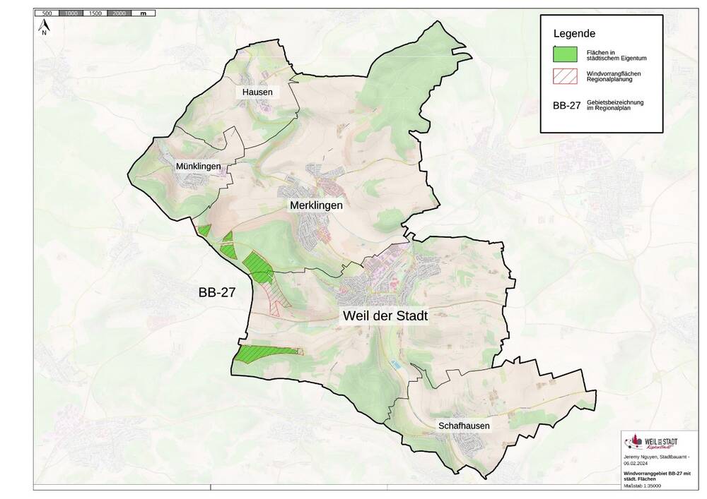 Karte von der Weil der Städter Gemarkung mit dem Windvorranggebiet BB-27 und den städtischen Flächen.
