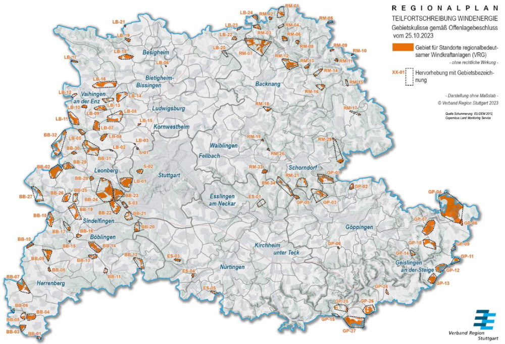 Karte zum Regionalplan mit den Gebieten für regionalbedeutsame Standorte für Windenergienalagen.