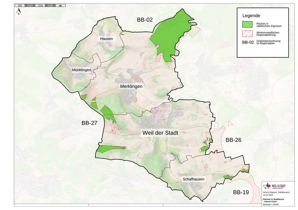 Eine Karte mit allen vier Windvorranggebieten und den Flächen im städtischen Eigentum. 