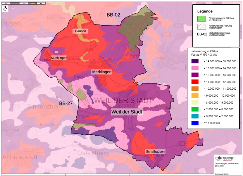 Karte von der Gemarkungsfläche mit den Windvorranggebieten BB-02 und BB-27, den städtischen Flächen und dem Jahresertrag einer Vestas V-150