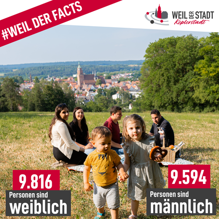 Zwei Familien beim Picknick mit Aussicht auf Weil der Stadt. Die Zahl der männlichen und weiblichen Personen ist grafisch dargestellt.