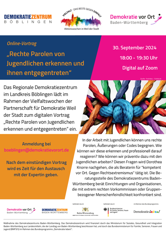 Auf diesem Flyer sind alle Informationen zur Veranstaltung "Rechte Parolen von Jugendlichen erkennen" beschrieben.