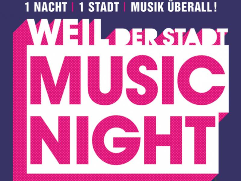 Modernes Logo der Music Night in Weil der Stadt in pinker Schrift auf lila Grund