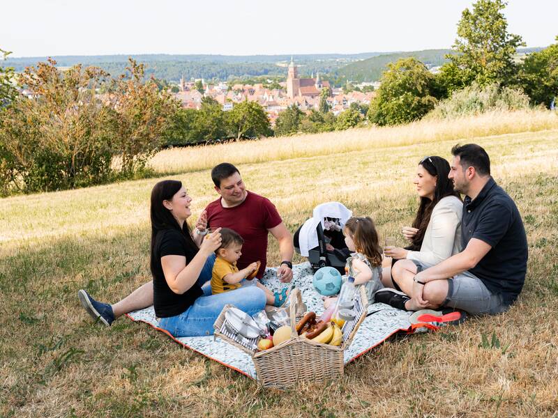 Eine Familie beim Picknick oberhalb der Stadt.