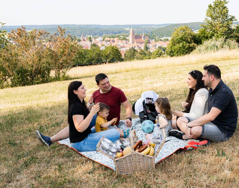 Eine Familie beim Picknick oberhalb der Stadt.