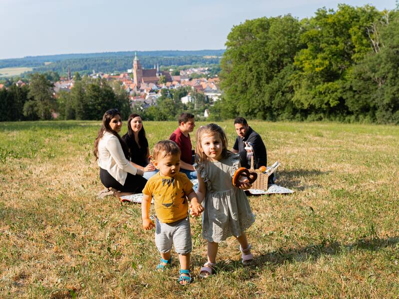 Eine Familie beim Picknick oberhalb der Stadt.