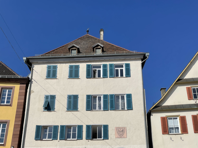 Das Alte Rathaus ist ein historisches Gebäude mit hellen Fassaden und blauen Fensterläden.